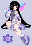  1girl absurdres bandaid bangs black_hair coat hair_ornament hairclip hand_up highres iridescent jewelry keychain kirara_yakubou long_hair nail_polish necklace original parted_lips purple_eyes shoes sitting sleeveless sleeveless_turtleneck sneakers socks solo thigh_strap turtleneck 