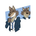  2021 abstract_background anthro belt black_belt blue_clothing blue_necktie blue_topwear brown_body brown_fur canid canine canis cheek_tuft chest_tuft clothing dreamworks facial_tuft fur grin half-closed_eyes hand_in_pocket happy head_tuft hi_res javigameboy male mammal mr._wolf_(the_bad_guys) narrowed_eyes necktie pockets shirt smile smug solo tan_body tan_fur the_bad_guys topwear tuft white_clothing white_shirt white_topwear wolf yellow_eyes 
