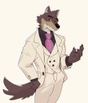  2021 anthro brown_body brown_fur canid canine canis clothing digital_media_(artwork) dreamworks fur hi_res istani male mammal mr._wolf_(the_bad_guys) simple_background solo tan_body the_bad_guys topwear wolf yellow_eyes 