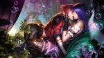  2girls arcane:_league_of_legends bird blurry blurry_background bubble caitlyn_(league_of_legends) closed_eyes facial_tattoo highres horizontal_stripes kiss league_of_legends liang_xing long_hair multiple_girls pants plant purple_hair reclining red_hair short_hair striped striped_pants tattoo vi_(league_of_legends) yuri 