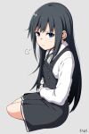  1girl asashio_(kancolle) black_dress black_hair blue_eyes blush buttons closed_mouth collared_shirt dress eyebrows_visible_through_hair grey_background kantai_collection long_hair long_sleeves looking_at_viewer moti_coi pinafore_dress shirt signature simple_background solo white_shirt 