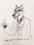  2021 anthro canid canine canis cheek_tuft claws clothing dreamworks facial_tuft grin half-closed_eyes head_tuft hi_res male mammal monochrome mr._wolf_(the_bad_guys) narrowed_eyes necktie repeatwolfdawg shirt signature simple_background smile smug solo the_bad_guys topwear traditional_media_(artwork) tuft white_background wolf 