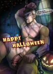  1boy abs bara black_hair completely_nude cosplay cuffs english_text feet_out_of_frame flaccid frankenstein&#039;s_monster frankenstein&#039;s_monster_(cosplay) halloween halloween_costume handcuffs jack-o&#039;-lantern long_sideburns male_focus male_pubic_hair mature_male muscular muscular_male navel navel_hair nipples nude original pectorals penis precum precum_drip pubic_hair short_hair sideburns sitting solo spread_legs stomach syu0909 thick_eyebrows thick_thighs thighs yellow_eyes 