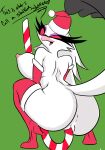  absurd_res anthro anus aptom7747 avian beak breasts butt christmas clothed clothing demon dialogue female fluffy fluffy_tail fur genitals helluva_boss hi_res holidays looking_at_viewer mature_female nipples open_mouth open_smile partially_clothed pussy red_eyes simple_background smile solo stella_(helluva_boss) tongue white_body white_fur 
