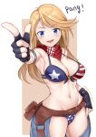  1girl :d absurdres alice_gear_aegis american_flag_bikini aomoro arm_strap armpits artist_name bangs bare_shoulders belt belt_pouch bikini black_gloves blonde_hair blue_eyes blush bouncing_breasts breasts brown_belt chaps cleavage cowboy_shot dated dated_commentary eyebrows_visible_through_hair finger_gun fingerless_gloves flag_print gloves groin highres large_breasts long_hair looking_at_viewer motion_lines navel open_mouth pouch red_scarf scarf shirley_oakley sidelocks smile solo standing stomach swept_bangs swimsuit teeth upper_teeth white_background 