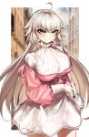  1girl ahoge bag bangs blush breasts casul contemporary dress fate/grand_order fate_(series) highres jacket jeanne_d&#039;arc_(alter)_(fate) jeanne_d&#039;arc_(fate) large_breasts long_hair long_sleeves looking_at_viewer pink_jacket shoulder_bag silver_hair smile solo very_long_hair white_dress yellow_eyes 