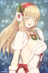  1girl bangs blonde_hair blush breasts christmas cleavage closed_eyes earmuffs elbow_gloves evelysse_(star_ocean) eyebrows_visible_through_hair gloves highres long_hair murata_tefu open_mouth smile solo star_ocean star_ocean_anamnesis 