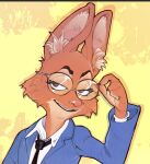  2021 adjusting_glasses anthro business_suit canid canine clothing diane_foxington dreamworks eyewear female fox glasses hi_res mammal smirkyfangz solo suit teeth the_bad_guys zoom_in 