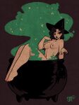  1girl black_background black_eyes black_hair black_headwear blush breasts cauldron feet green_smoke halftone halloween hands_up hat highres long_hair medium_breasts navel nipples nude original parted_lips sgtmadness shadow simple_background smile smoke solo witch witch_hat 