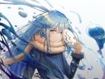  1other bangs blue_coat blue_hair coat eyebrows_visible_through_hair fur-trimmed_sleeves fur_trim hair_between_eyes holding holding_mask long_hair long_sleeves looking_at_viewer mask rimuru_tempest scarf schneid0124 shiny shiny_hair slime_(creature) solo tensei_shitara_slime_datta_ken upper_body very_long_hair yellow_eyes 