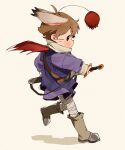  1boy ahoge animal_ears bandages bangs beige_background belt blush boots brown_hair commentary english_commentary final_fantasy from_side highres holding holding_sword holding_weapon knee_boots knight leg_wrap long_sleeves looking_at_viewer male_focus moogle orb personification profile red_wings scarf sheath short_hair sideways_glance simple_background solo sword thebrushking tunic unsheathing walking weapon whiskers wings 