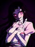  1girl apron bandaged_arm bandages bangs black_background black_hiar blush breasts collared_shirt danganronpa_(series) danganronpa_2:_goodbye_despair dokudokudoku face gradient gradient_background highres large_breasts long_hair lower_teeth mole mole_under_eye open_mouth own_hands_together pink_eyes pink_shirt puffy_short_sleeves puffy_sleeves shirt short_sleeves solo sweat teeth tsumiki_mikan twitter_username upper_body white_apron 