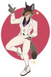  2021 5_fingers absurd_res anthro bottomwear canid canine canis clothing detruo dreamworks fingers footwear hand_in_pocket hi_res looking_at_viewer male mammal mr._wolf_(the_bad_guys) necktie pants pockets raised_leg shoes simple_background smile solo suit the_bad_guys white_background wolf 