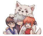  biting black_hair blue_eyes brown_eyes bun_cover chibi dog gintama glasses grey_hair grin hand_up head_biting kagura_(gintama) merukoodo orange_hair sadaharu sakata_gintoki shimura_shinpachi smile v white_background 