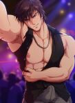  1boy abs bangs bara black_vest brown_hair bulge chain_necklace closed_mouth erection erection_under_clothes grey_pants highres jewelry large_pectorals looking_at_viewer male_focus muscular muscular_male necklace nipples open_clothes original outstretched_arm pants pectorals seductive_smile short_hair smile solo tentakun vest 