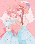  2girls bare_shoulders blush bouquet bridal_veil bride brown_hair closed_eyes confetti doki_doki_literature_club dress flower hair_flower hair_ornament happy holding long_hair multiple_girls open_mouth pink_hair ponytail sayori_(doki_doki_literature_club) short_hair smile veil wedding wedding_dress white_dress wife_and_wife yoka yuri 