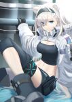  1girl absurdres arknights aurora_(arknights) black_gloves blue_eyes boots breasts cleavage coat crop_top gaoqiaoyuyin_takahashi gloves highres large_breasts long_hair midriff navel shield sitting white_coat white_hair 