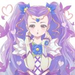  1girl :o blue_flower blush bug butterfly circlet earrings fingerless_gloves flower frilled_gloves frills gloves hair_ornament heart jewelry long_hair looking_at_viewer meguru_(dagmin) milky_rose precure purple_hair red_eyes shiny shiny_hair solo twintails upper_body very_long_hair white_gloves yes!_precure_5 yes!_precure_5_gogo! 