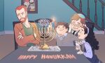  1girl 3boys black_hair brown_hair candle candlestand closed_eyes crossed_arms eric_cartman facial_hair father_and_daughter father_and_son formal gerald_broflovski glasses green_eyes hairband hat highres ike_broflovski kyle_broflovski menorah menorah_cartman moisha_cartman multiple_boys older red_hair shawl sheila_broflovski short_hair shouri_(mirrorshards) smile south_park south_park:_post_covid spoilers star-shaped_pupils star_(symbol) suit sweater sweater_vest symbol-shaped_pupils yamaka 