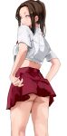  1girl absurdres ass back blue_bra bra brown_eyes brown_hair highres komi-san_wa_komyushou_desu long_hair looking_at_viewer mamimi_(mamamimi) midriff mole mole_under_eye onemine_nene ponytail school_uniform simple_background skirt smile solo underwear white_background 