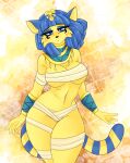  absurd_res animal_crossing ankha_(animal_crossing) anthro beauty_mark blue_eyes blue_hair cassielink digital_drawing_(artwork) digital_media_(artwork) digital_painting_(artwork) drawing felid female fur hair hi_res jewelry mammal markings mostly_nude navel nintendo painting painting_(artwork) pinup pose sketch solo sparkles thick_thighs traditional_media_(artwork) video_games wide_hips yellow_body yellow_fur 