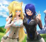  2girls animal_ears blonde_hair blue_eyes blue_hair blush braco breasts cleavage collarbone commission day eyebrows_visible_through_hair fox_ears grin hair_between_eyes hand_on_another&#039;s_shoulder large_breasts lips long_hair long_sleeves looking_at_viewer multiple_girls one_eye_closed open_mouth original outdoors parted_lips ponytail sidelocks smile teeth tongue upper_teeth v 