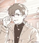  1boy :d absurdres adjusting_eyewear artist_name azuma_shoichi black_survival brown_eyes brown_hair brown_theme glasses highres indoors jacket long_sleeves looking_at_viewer male_focus monochrome rinmidori147 short_hair smile train_station upper_body 