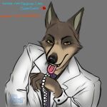  2021 absurd_res anthro artist_name black_claws black_clothing black_shirt black_topwear brown_body brown_fur canid canine canis cheek_tuft claws clothing digital_drawing_(artwork) digital_media_(artwork) dreamworks facial_tuft fangs fur grey_background hi_res jewelry male mammal mr._wolf_(the_bad_guys) narrowed_eyes necklace necktie purple_necktie shirt signature simple_background skeleton_cozy solo tan_body tan_fur the_bad_guys tongue tongue_out topwear tuft white_clothing white_topwear wolf yellow_eyes 