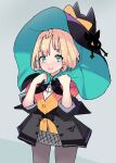  1girl absurdres bangs bell black_headwear black_jacket blonde_hair blue_eyes bow cat eyebrows_visible_through_hair hair_ornament hat highres jacket looking_at_viewer millie_parfait nijisanji orange_sweater shirt short_hair smile solo sweater tastelikenyan virtual_youtuber white_background white_shirt witch_hat 