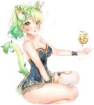  1girl animal_ears apple armpit_peek bangs bare_arms bare_legs bare_shoulders blush braid breasts cat_ears cat_tail ceres_fauna cleavage collarbone food frills fruit golden_apple green_hair highres hololive hololive_english horns large_breasts leaf looking_at_viewer looking_to_the_side medium_hair open_mouth ponytail puppypaww sitting tail thighhighs wavy_hair white_background yellow_eyes zettai_ryouiki 