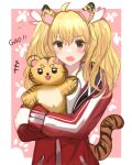  1girl ahoge animal animal_ears bangs blonde_hair blue_archive blue_sealad brown_eyes commentary_request eyebrows_visible_through_hair highres holding holding_animal jacket long_hair long_sleeves looking_at_viewer open_mouth red_jacket solo tail tiger tiger_ears tiger_tail two_side_up upper_body yoshimi_(blue_archive) 