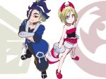  1boy 1girl adaman_(pokemon) arm_wrap bangs blonde_hair blue_coat blue_eyes blue_hair closed_mouth coat collar collarbone commentary_request crossed_arms eyelashes green_hair hair_tie hat irida_(pokemon) legs_apart open_clothes open_coat pokemon pokemon_(game) pokemon_legends:_arceus red_footwear red_headwear red_shirt shirt shoes short_hair shorts sleeveless sleeveless_shirt smile standing tied_hair waist_cape yuui_art 