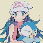  1girl bare_arms beanie blue_eyes blush clenched_teeth closed_mouth commentary_request dawn_(pokemon) eyelashes grey_headwear hair_ornament hairclip hat holding holding_pokemon long_hair piplup pokemon pokemon_(creature) pokemon_(game) pokemon_bdsp rousteinire scarf shirt sidelocks signature sleeveless sleeveless_shirt smile split_mouth sweat tearing_up teeth upper_body yellow_background 