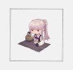  absurdres bangs black_gloves blunt_bangs chibi collared_shirt commentary_request cup cup_ramen danganronpa:_trigger_happy_havoc danganronpa_(series) eyebrows_visible_through_hair gloves green_necktie grey_shirt hand_up highres holding holding_cup kirigiri_kyouko long_hair mug necktie no_mouth pink_hair ponytail purple_eyes shiny shiny_hair shirt simple_background solo umare-tate_no_yomo water white_background 