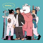  :d bear bepo clothes_hanger facial_hair fur_hat hat jacket one_piece overalls penguin_(one_piece) polar_bear shachi_(one_piece) sheath sheathed smile tbt thought_bubble trafalgar_law trying_on_clothes 