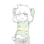  anthro asriel_dreemurr blush bottomwear bovid caprine chano clothing fur goat looking_at_viewer male mammal navel pattern_clothing pattern_shirt pattern_topwear shirt shorts simple_background solo striped_clothing striped_shirt striped_topwear stripes topwear undertale undertale_(series) video_games white_background white_body white_fur 