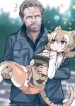  1boy 1girl animal_ears apron blonde_hair blush bow bowtie brown_eyes carrying collared_shirt empty_eyes extra_ears eye_contact eyebrows_visible_through_hair hair_between_eyes highres holding holding_person jacket kemono_friends long_sleeves looking_at_another real_life shirt short_hair tail tanaka_kusao thighhighs thylacine_(kemono_friends) white_hair white_shirt 