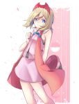  1girl ashujou bangs bare_arms blonde_hair blue_eyes blue_ribbon clenched_hand closed_mouth commentary_request cosplay dress eyelashes frown hair_between_eyes hand_up hat highres irida_(pokemon) leaning medium_hair neck_ribbon pink_dress poke_ball_symbol pokemon pokemon_(anime) pokemon_(game) pokemon_legends:_arceus pokemon_xy_(anime) red_headwear ribbon serena_(pokemon) serena_(pokemon)_(cosplay) sleeveless solo split_mouth 