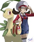  1girl absurdres bag bayleef blue_overalls bow brown_eyes brown_hair cabbie_hat closed_mouth commentary_request dated eyelashes hand_on_headwear handbag hat hat_bow highres holding_strap long_hair lyra_(pokemon) overalls pokegear pokemon pokemon_(game) pokemon_hgss red_bow red_shirt shiijisu shirt signature smile split_mouth thighhighs twintails white_background white_headwear white_legwear yellow_bag 