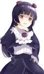  1girl absurdres black_hair black_jacket black_skirt bow collar frilled_collar frilled_jacket frilled_skirt frilled_sleeves frills gokou_ruri gothic_lolita hand_on_own_face highres hime_cut jacket lolita_fashion mole mole_under_eye open_mouth ore_no_imouto_ga_konna_ni_kawaii_wake_ga_nai red_eyes rose_hair_ornament shirt skirt smile user_kehf3783 white_background white_shirt 