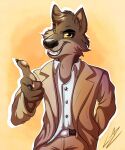  2021 5_fingers bottomwear canid canine canis clothing dreamworks fingers fur gradient_background hi_res looking_at_viewer lupiarts male mammal mr._wolf_(the_bad_guys) pants signature simple_background solo teeth the_bad_guys wolf 