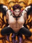  1boy abs artist_name bara black_pants brown_hair bulge demon_boy demon_horns horns jewelry large_pectorals looking_back male_focus monster muscular muscular_male navel necklace nipples open_mouth original pants pectorals pink_eyes pointy_ears restrained short_hair tentacles tentacles_on_male tentakun thick_thighs thighs topless_male yaoi 