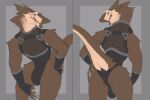 2021 biped blue_eyes brown_body brown_fur bulge butt claws clothing digital_media_(artwork) facial_scar finger_claws fur furdo grey_background hand_on_butt harness hi_res idrysse3 looking_at_viewer looking_back looking_back_at_viewer scar sergal simple_background tan_body tan_fur tight_clothing 