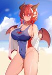  absurdres ankh_man bangs beach breasts cleavage competition_swimsuit covered_navel demon_girl eyebrows_visible_through_hair guardian_tales highres horns large_breasts lifeguard_yuze looking_at_viewer one-piece_swimsuit open_clothes open_mouth pointy_ears red_eyes red_hair red_wings short_hair swimsuit thighs wings 