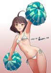  1girl ahoge alternate_costume bangs bikini blunt_bangs breasts brown_hair cameltoe cheering collarbone covered_nipples holding holding_pom_poms kantai_collection kishinami_(kancolle) micro_bikini moke_ro navel no_pupils pom_pom_(cheerleading) short_hair side-tie_bikini small_breasts solo string_bikini swimsuit wavy_hair white_bikini yellow_eyes 