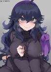  1girl @_@ ahoge alternate_breast_size black_footwear black_nails blush breasts dress hair_between_eyes hairband hex_maniac_(pokemon) high_heels highres jtveemo large_breasts long_hair looking_at_viewer pokemon pokemon_(game) pokemon_xy purple_eyes purple_hair sitting smile solo sweat sweater turtleneck turtleneck_sweater wariza 