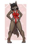  2021 4_toes 5_fingers anthro black_hair blizzard_entertainment bow_(disambiguation) breasts canid christmas claws fangs feet female finger_claws fingers foxovh fur grey_body grey_fur hair hand_on_hip hand_on_own_hip hands_on_hips hands_on_own_hips hi_res hindpaw holidays humanoid_hands looking_at_viewer mammal nude paws signature solo standing toe_claws toes video_games warcraft were werecanid worgen wrapped_up wraps 
