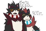  2021 anthro biped black_body black_nose blush brown_body canid canine curry_(copyright) curry_(parker_simmons) curry_tanuki duo english_text eyes_closed male mammal raccoon_dog rizo_(parker_simmons) scarf simple_background tanuki text unknown_artist white_background 