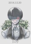 1boy absurdres bangs black_hair black_vest bow bowtie bowtie_removed closed_mouth collared_shirt cropped_torso dated dress_shirt eyebrows_visible_through_hair fatalbug896 flower flower_request glowing glowing_eye grey_background grey_eyes heterochromia highres kaneki_ken looking_at_viewer male_focus plant red_eyes shirt short_hair solo tokyo_ghoul upper_body vest white_flower white_shirt 