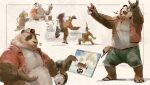  2021 anthro belly bernie_burr black_body black_fur bottomwear clothing duo eyes_closed fur giant_panda headphones hi_res humanoid_hands listening_to_music male mammal overweight overweight_male shirt shorts solo topwear ursid white_body white_fur 